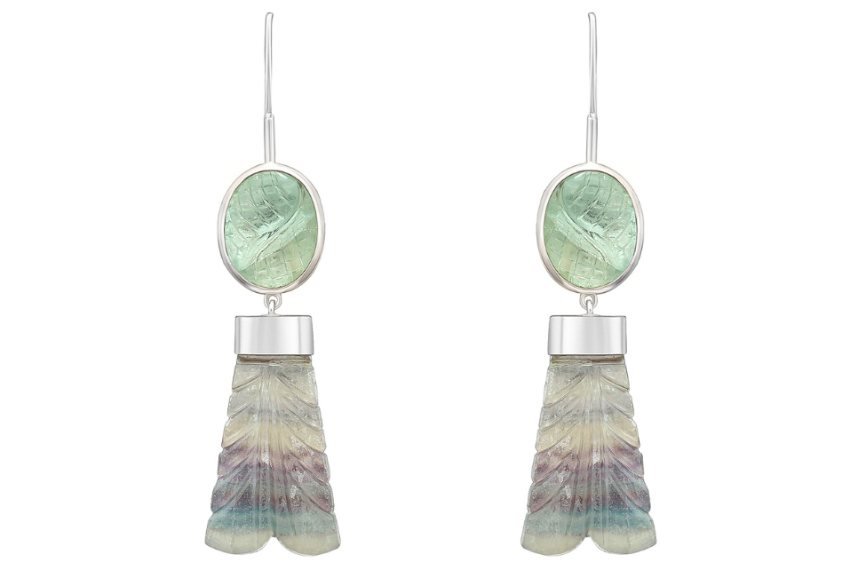 Mermaid Carved Fluorite Silver Earrings