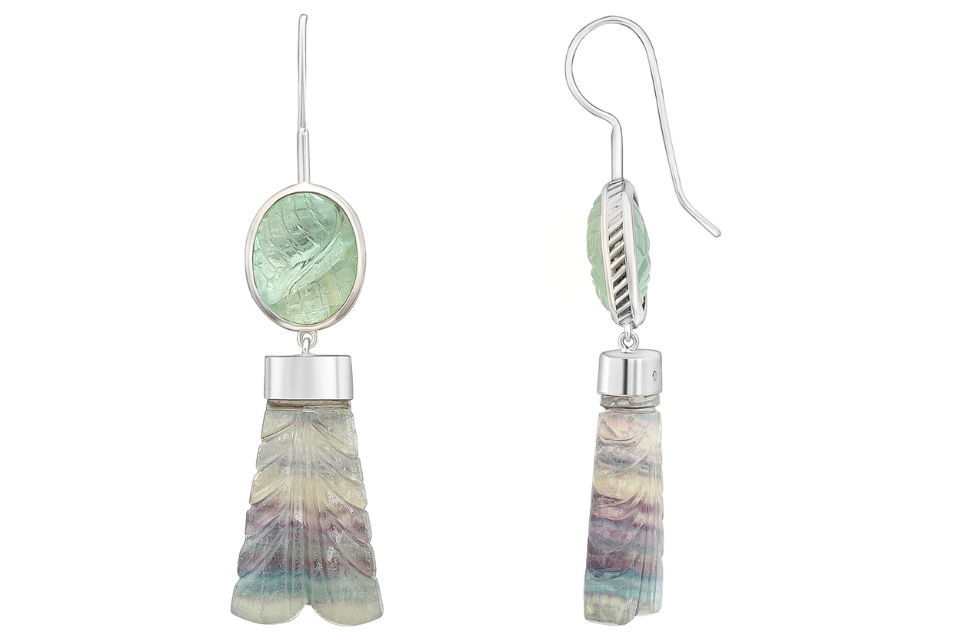 Mermaid Carved Fluorite Silver Earrings