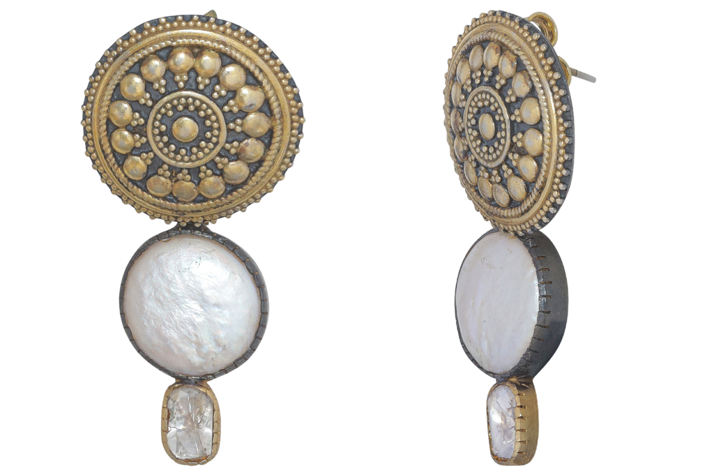 Oxidised Silver Pearl And Diamond Ornate Drops