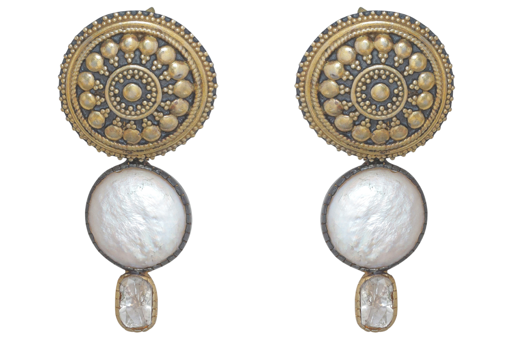 Oxidised Silver Pearl And Diamond Ornate Drops