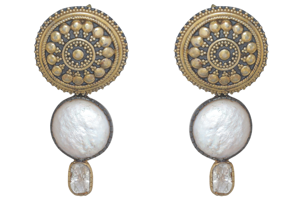 Oxidised Silver Pearl And Diamond Ornate Drops