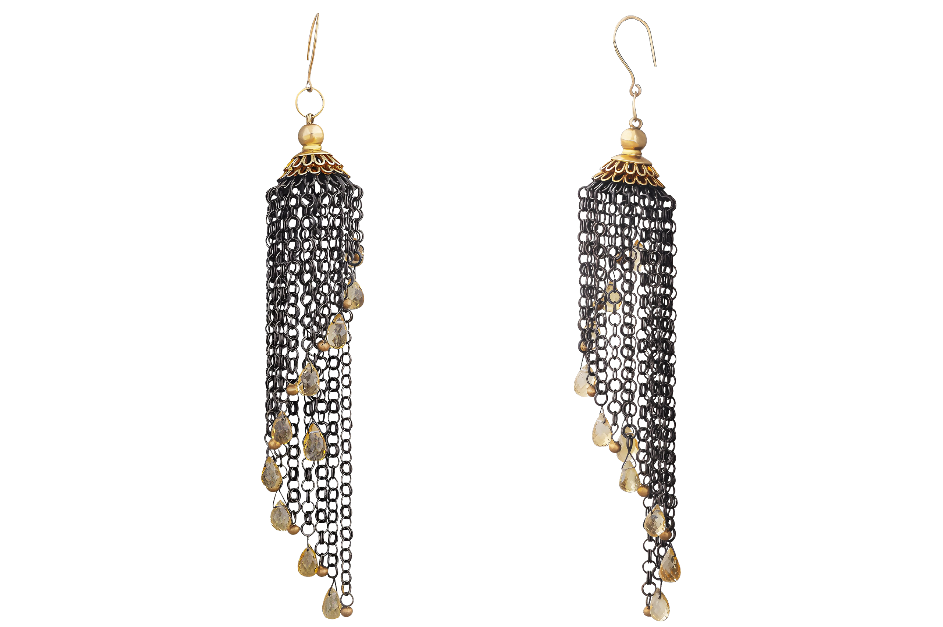 Oxidised Chain Earrings With Citrine Briolette Drops