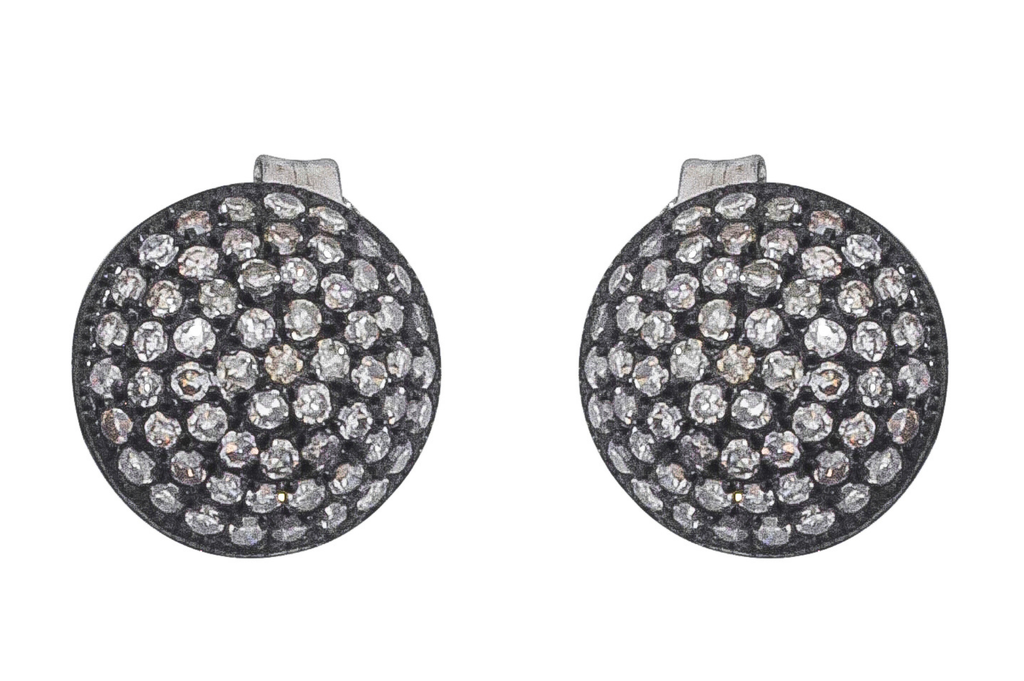 Oxidised Sterling Silver & Diamond Round Stud Earrings