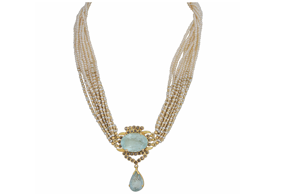 Pearl, Aquamarine & Diamond Pendant Necklace