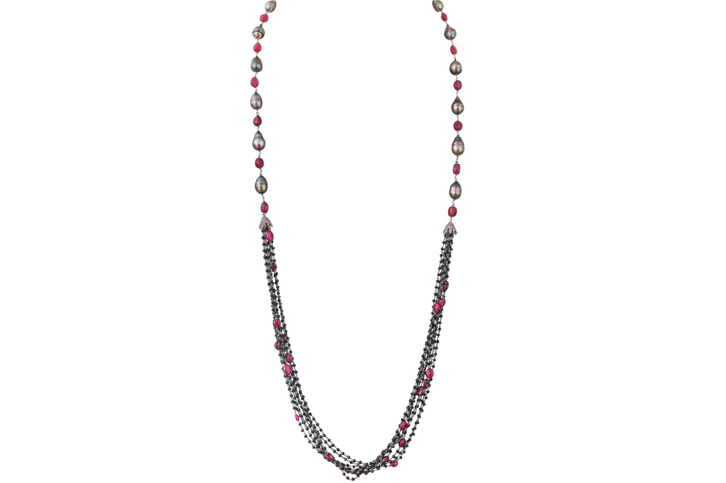 Grey South Sea Pearl, Black Spinel & Ruby Gemstone Necklace
