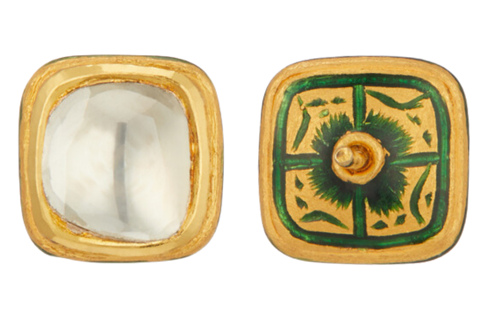 Square Polki Diamond, Enamel Work & Fine Gold Stud Earrings