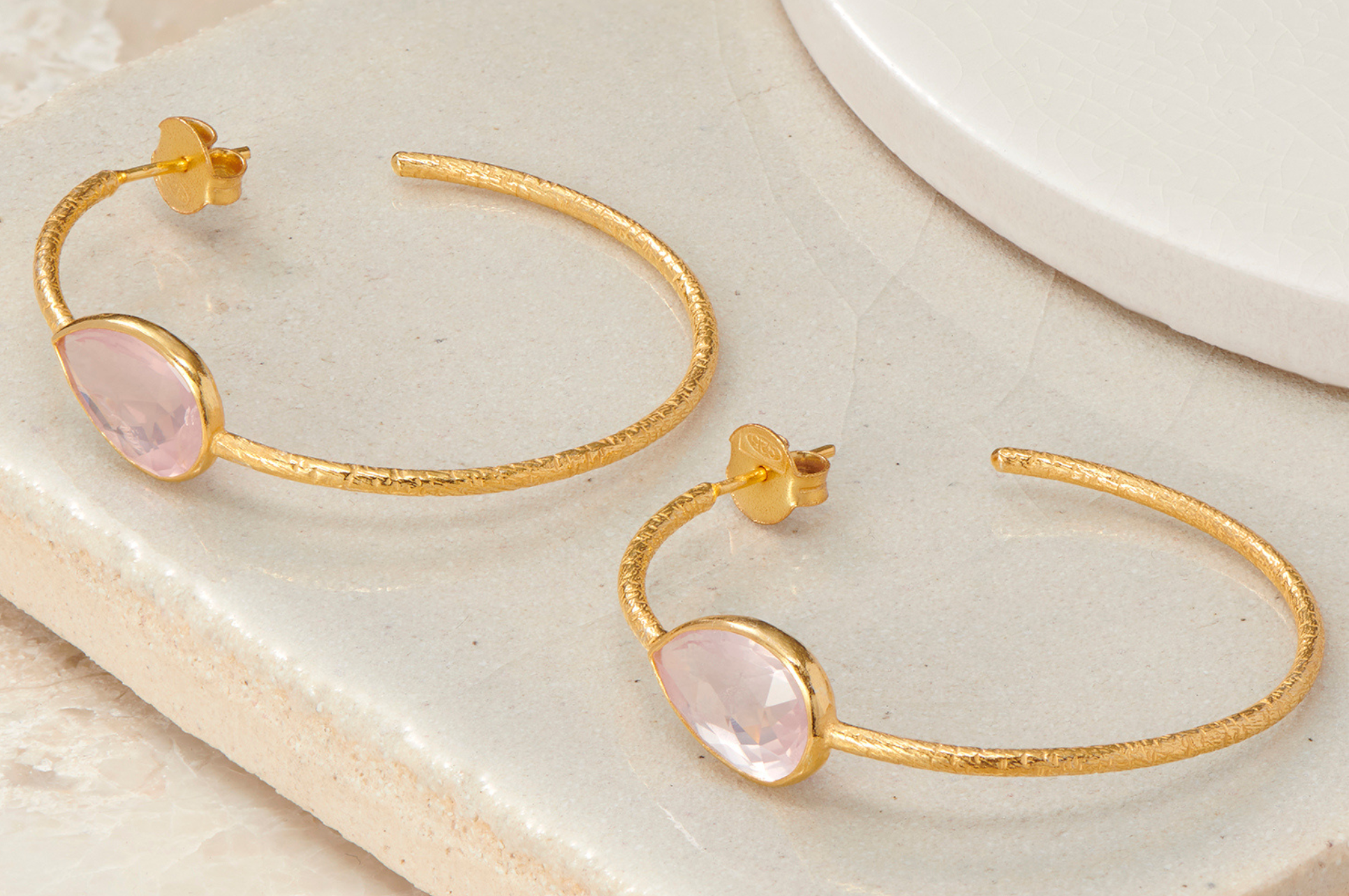 Gold & Rose Quartz Set Hoop Earrings