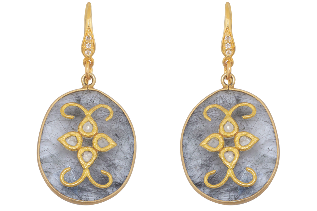 Rutilated Quartz & Diamond Jadau Earrings