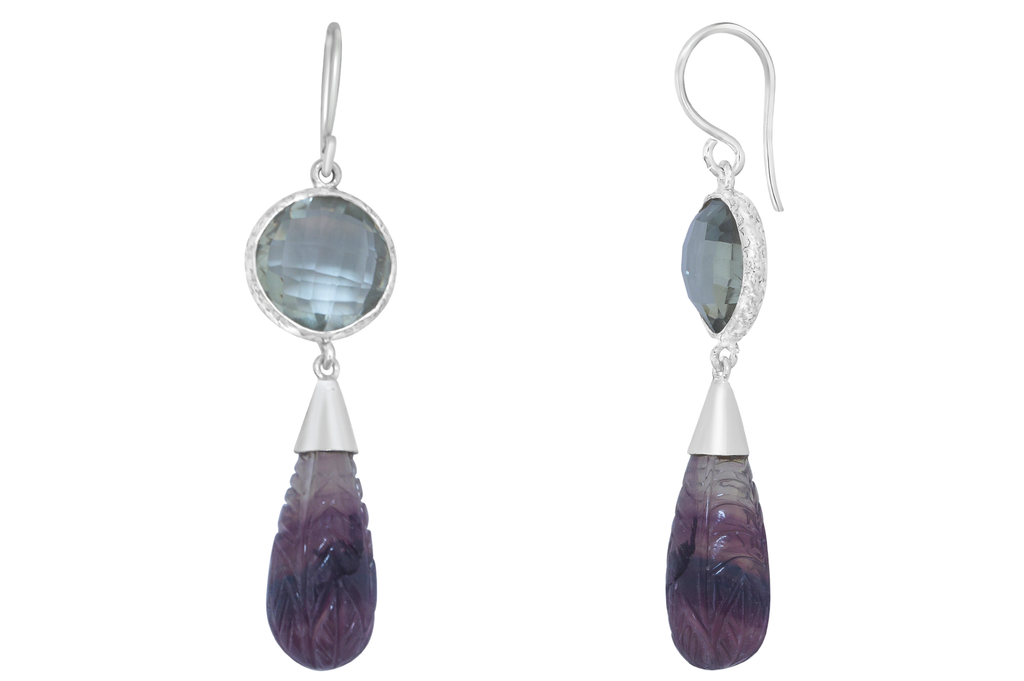 Faceted & Carved Fluorite Silver Drop Earrings