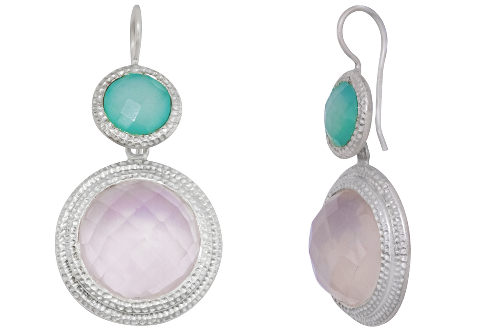 Maharani Silver Chalcedony & Rose Quartz Double Drop Earrings