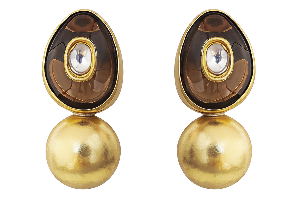 Smoky Quartz & Diamond Jadau Work Golden Ball Earrings