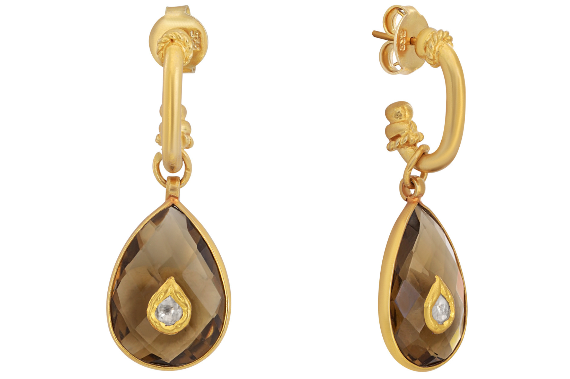 Gold Hoop Earrings With Smoky Quartz Jadau Drops