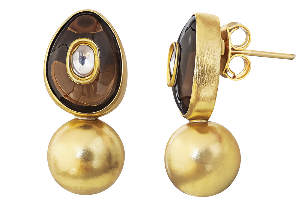 Smoky Quartz & Diamond Jadau Work Golden Ball Earrings