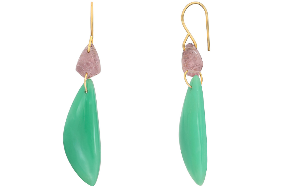 Chrysoprase And Carved Pink Tourmaline Earrings