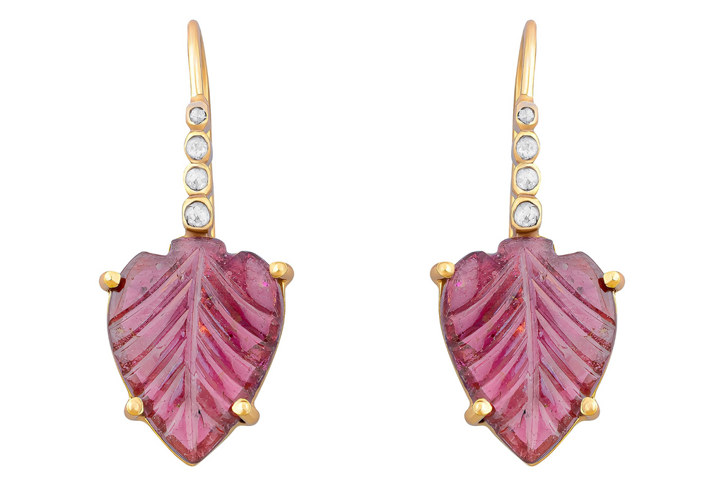 Carved Pink Tourmaline & Diamond Earrings