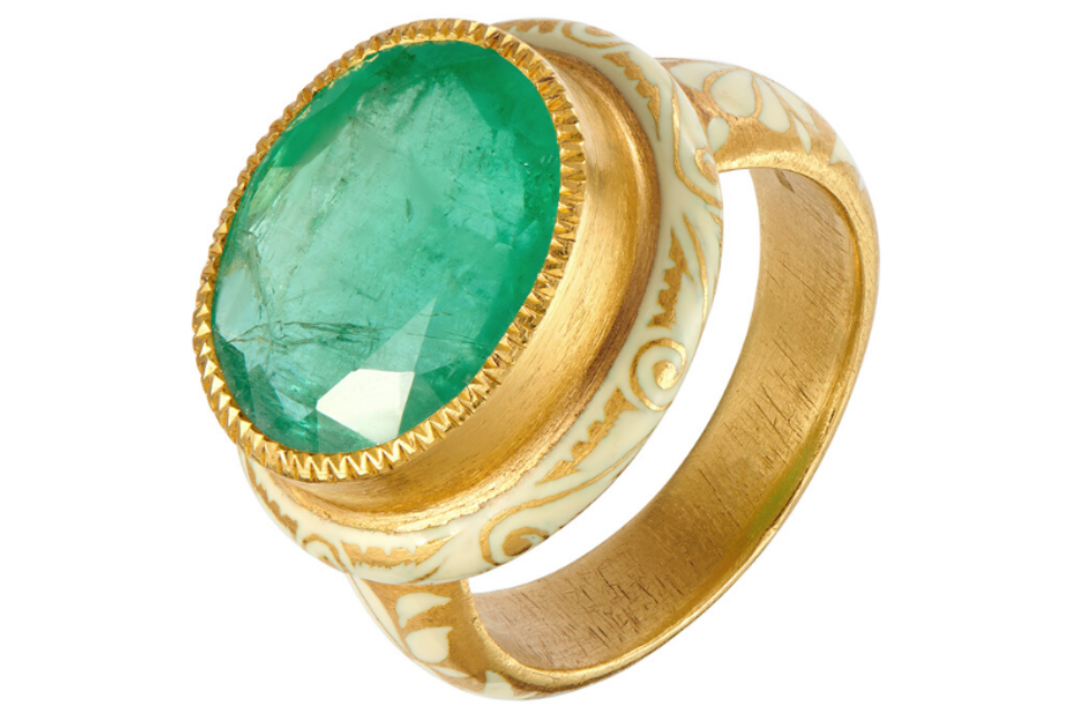Emerald & White Enamel Fine Gold Ring