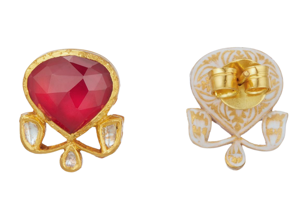 Fine Gold Diamond, Ruby & Enamel Work Earrings