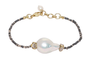 Baroque Pearl & Grey Diamond Slice Bead Bracelet