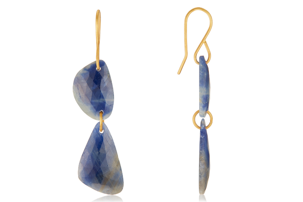 Blue Sapphire Slice Double Drop Earrings