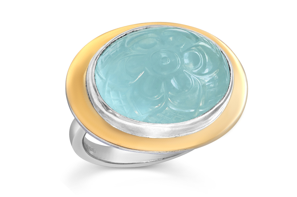 Silver & Gold Carved Aquamarine Ring