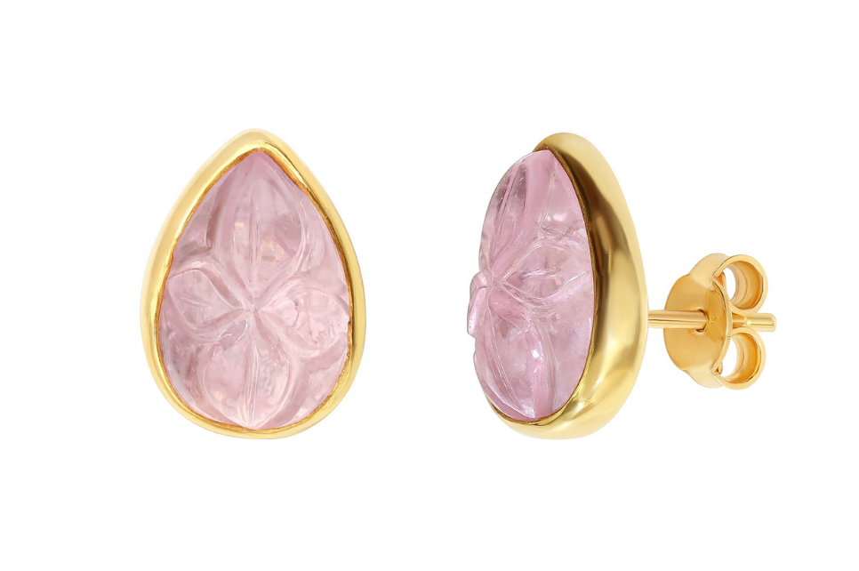 Carved Pink Tourmaline Stud Earrings