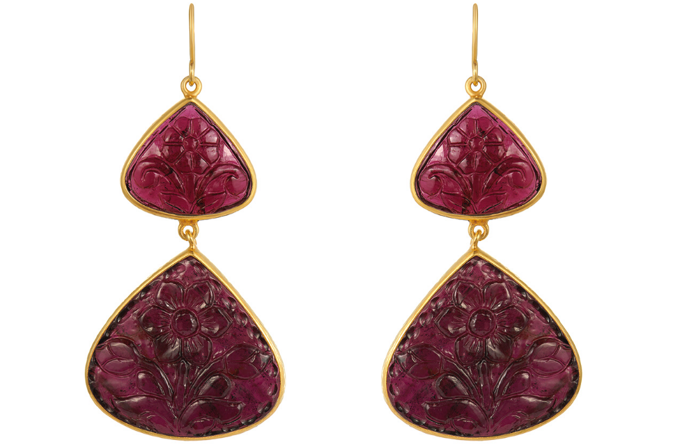 Carved Pink Tourmaline Double Drop Earrings