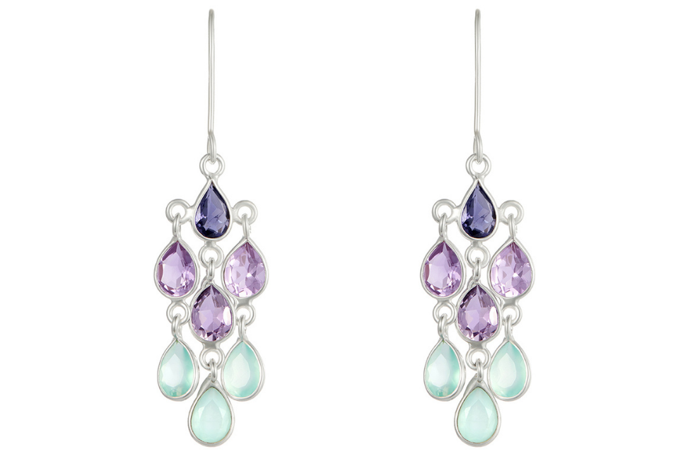 Cascade Iolite, Amethyst & Chalcedony Silver Earrings