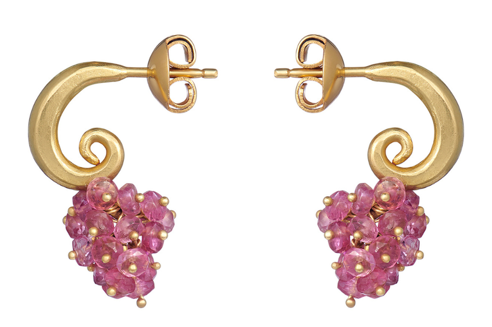 Luisa Fine Gold Curly Hoop Earrings With Pink Tourmaline