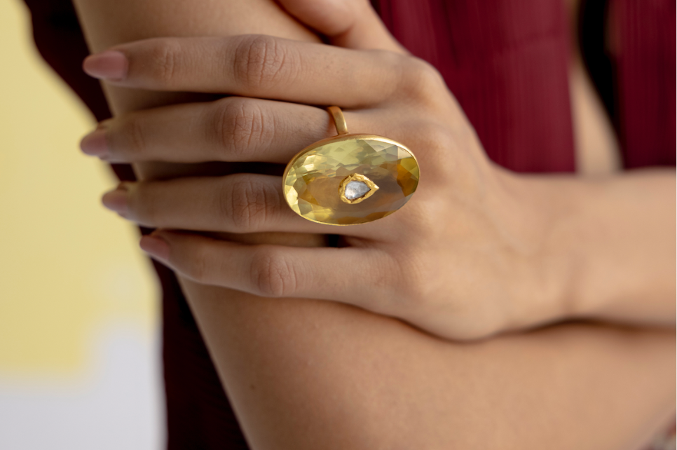 Jadau Lemon Quartz & Diamond Ring