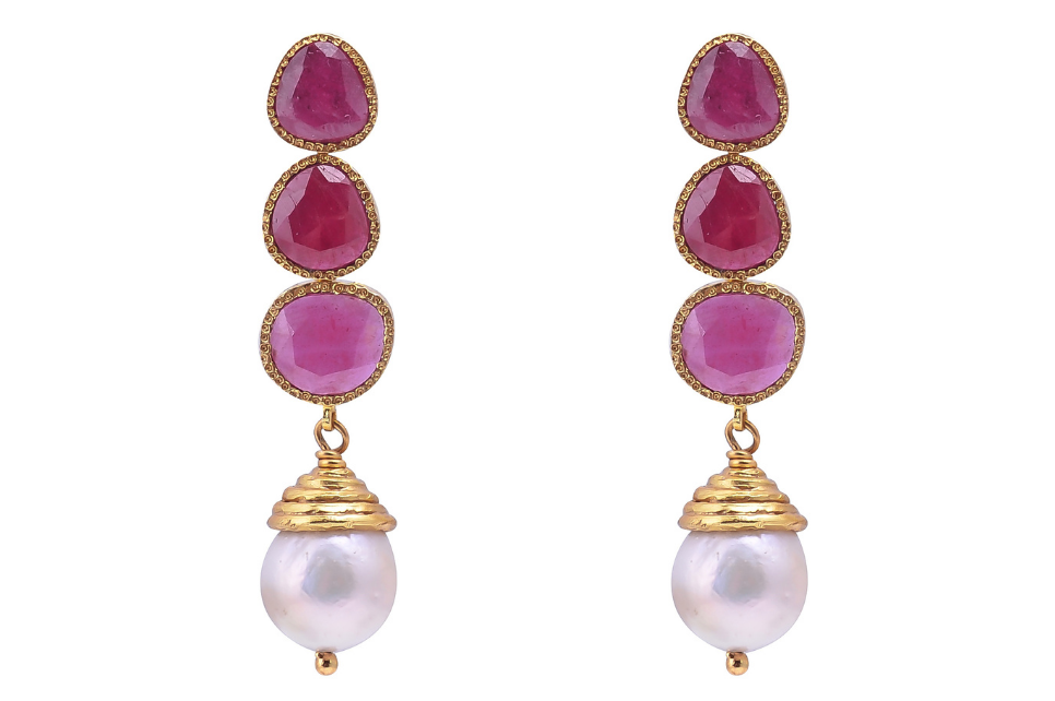 Poppy Triple Drop Ruby Pearl Earrings Pearl Earrings