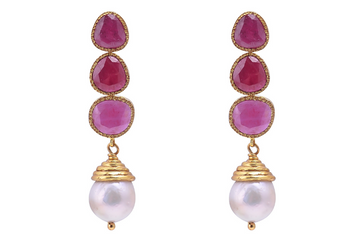 Poppy Triple Drop Ruby & Pearl Earrings