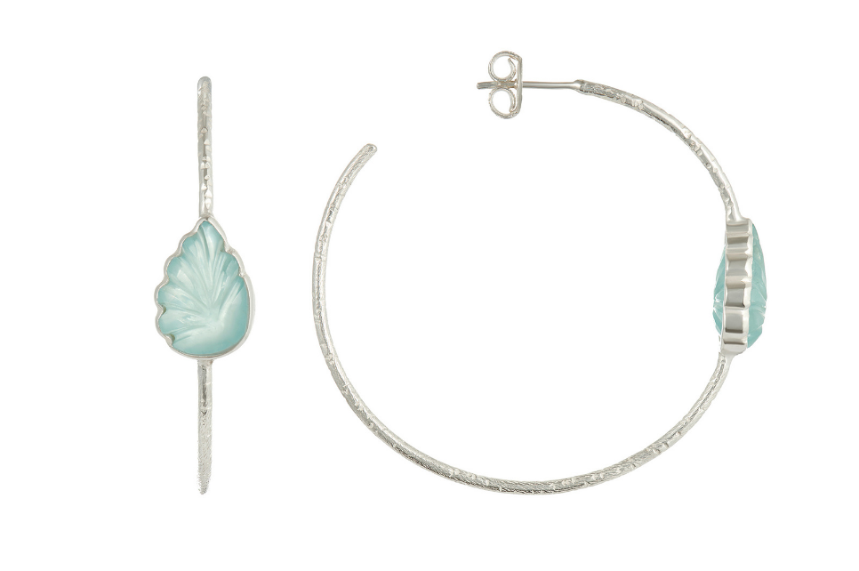 Carved Aquamarine Gem Set Silver Hoop Earrings