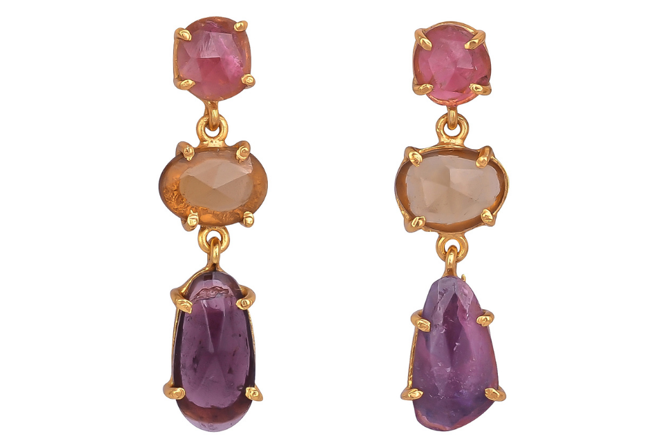 Triple Stone Tourmaline Drop Earrings